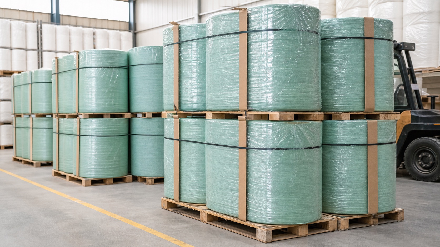 Palletized green cotton wrap film rolls staged in a warehouse