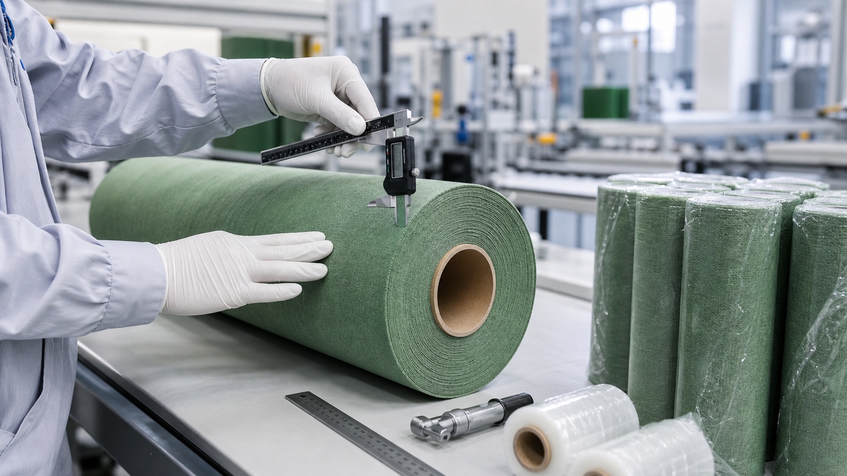 Green cotton wrap film roll being inspected in a production quality area