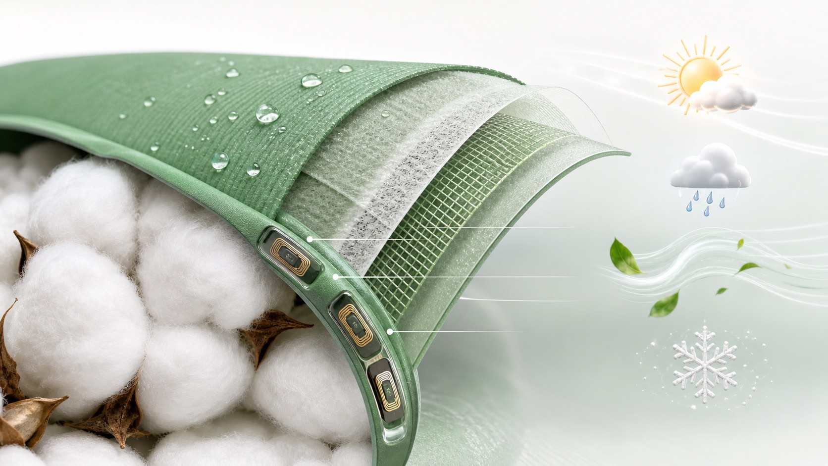 Technical illustration of green cotton wrap film structure and RFID elements